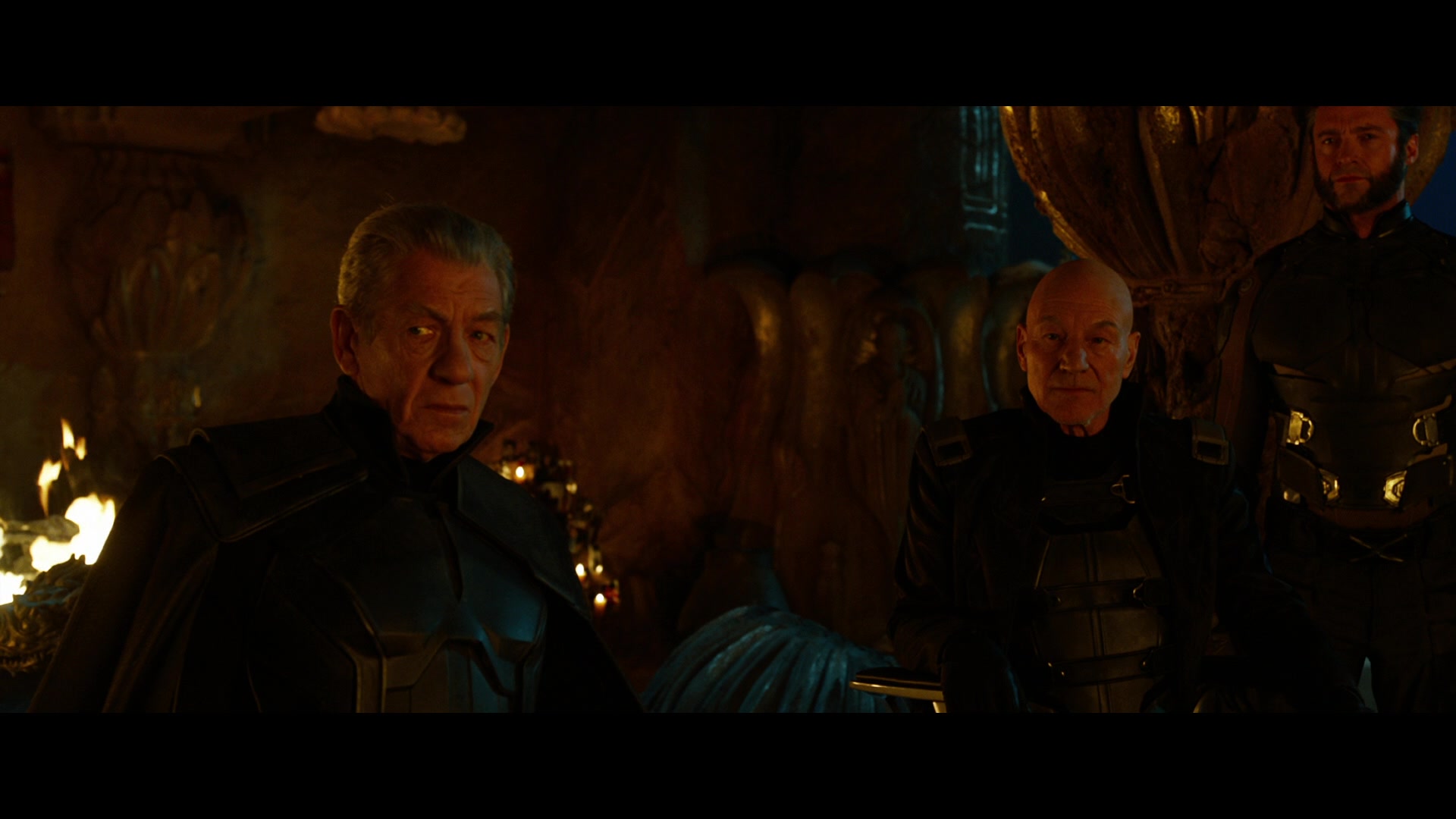 Magneto (Sir Ian McKellen), Professor X (Patrick Stewart), and Wolverine (Hugh Jackman) weigh their options against the Sentinels in X-Men: Days of Future Past (2014), Marvel Entertainment