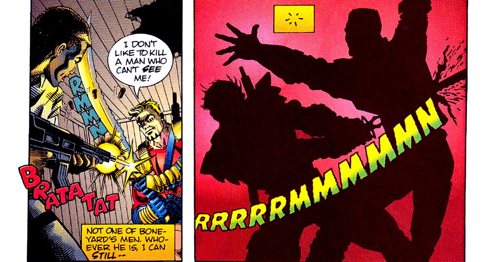 Warstrike kills Lukasz in 'Mantra, Issue #1," from Malibu Comics