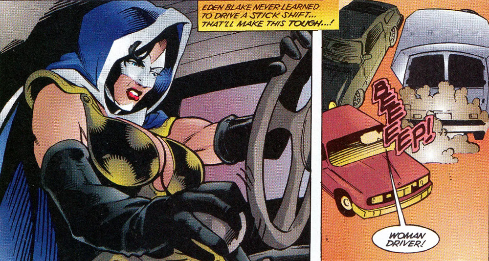 Lukasz laments his female body's difficulty driving stick in 'Mantra, Issue #7,' from Malibu Comics