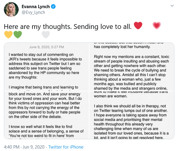 Evanna Lynch weighs in on J.K. Rowling's opinion on transgender issues