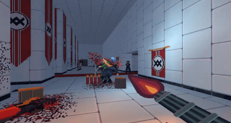 The player blasts down a female soldier of "gender fascists" via Terfenstein 3D (2023), Sandra Moen