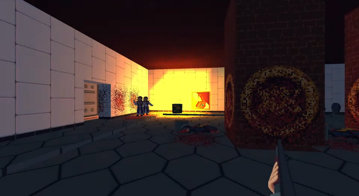 The player's shotgun blast catches the pillar, an exploding barrel, and a pair of priests via Terfenstein 3D (2023), Sandra Moen