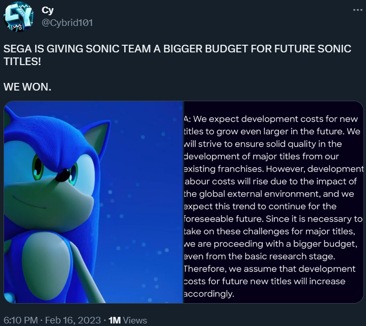 Cybrid101 overjoyed that Sonic Team will be getting a larger budget via Twitter