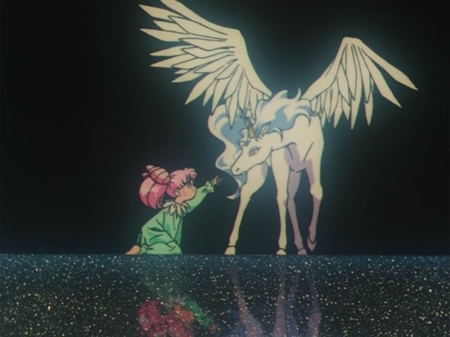 Chibusa attempts to reassure the Pegasus of its safety in Sailor Moon SuperS Episode 128 "Meeting of Destiny: The Night Pegasus Dances" (1995), Toei Animation.