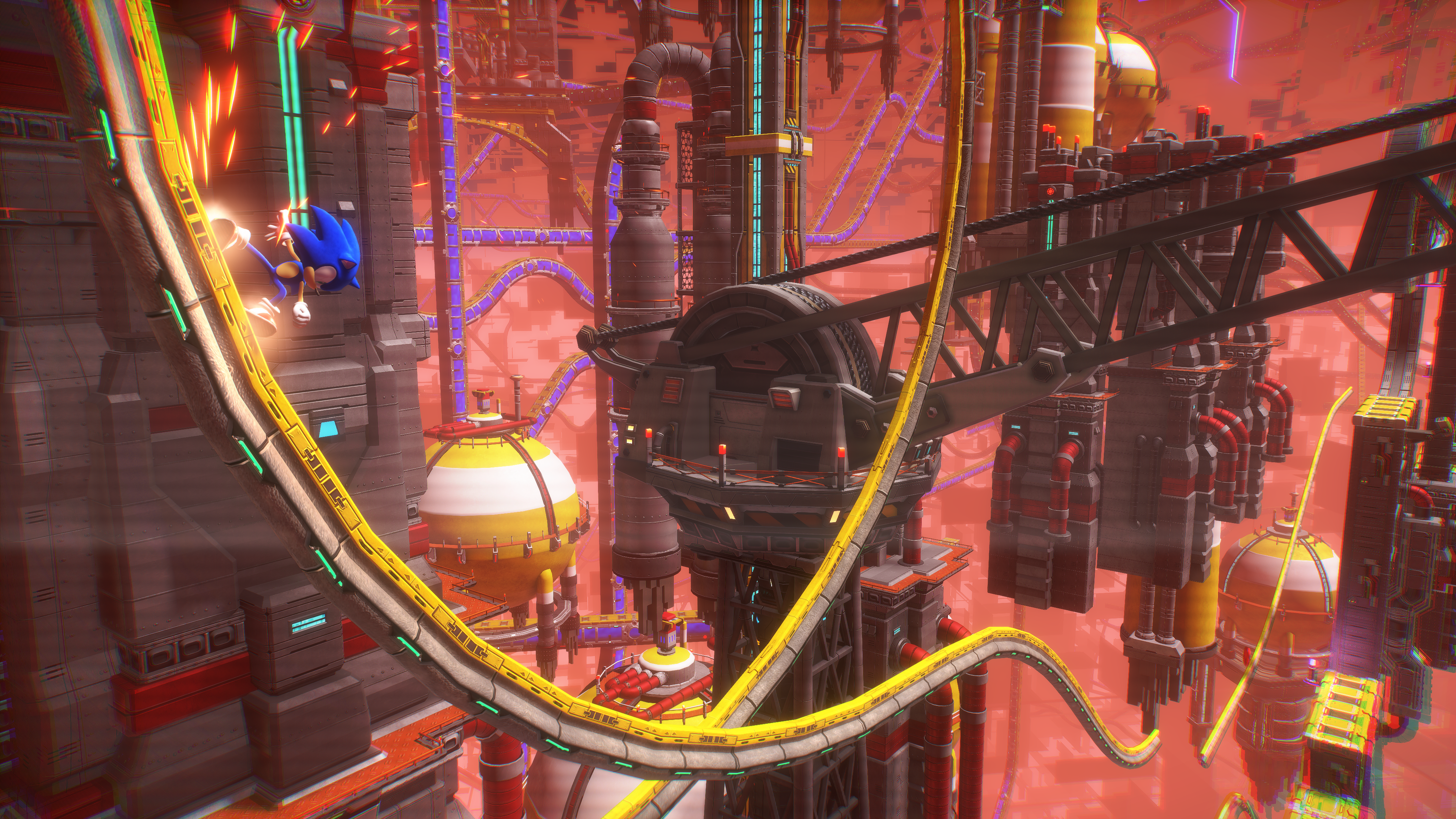 Sonic grinds though a cyberspace version of Chemical Plant Zone via Sonic Frontiers (2022), Sega
