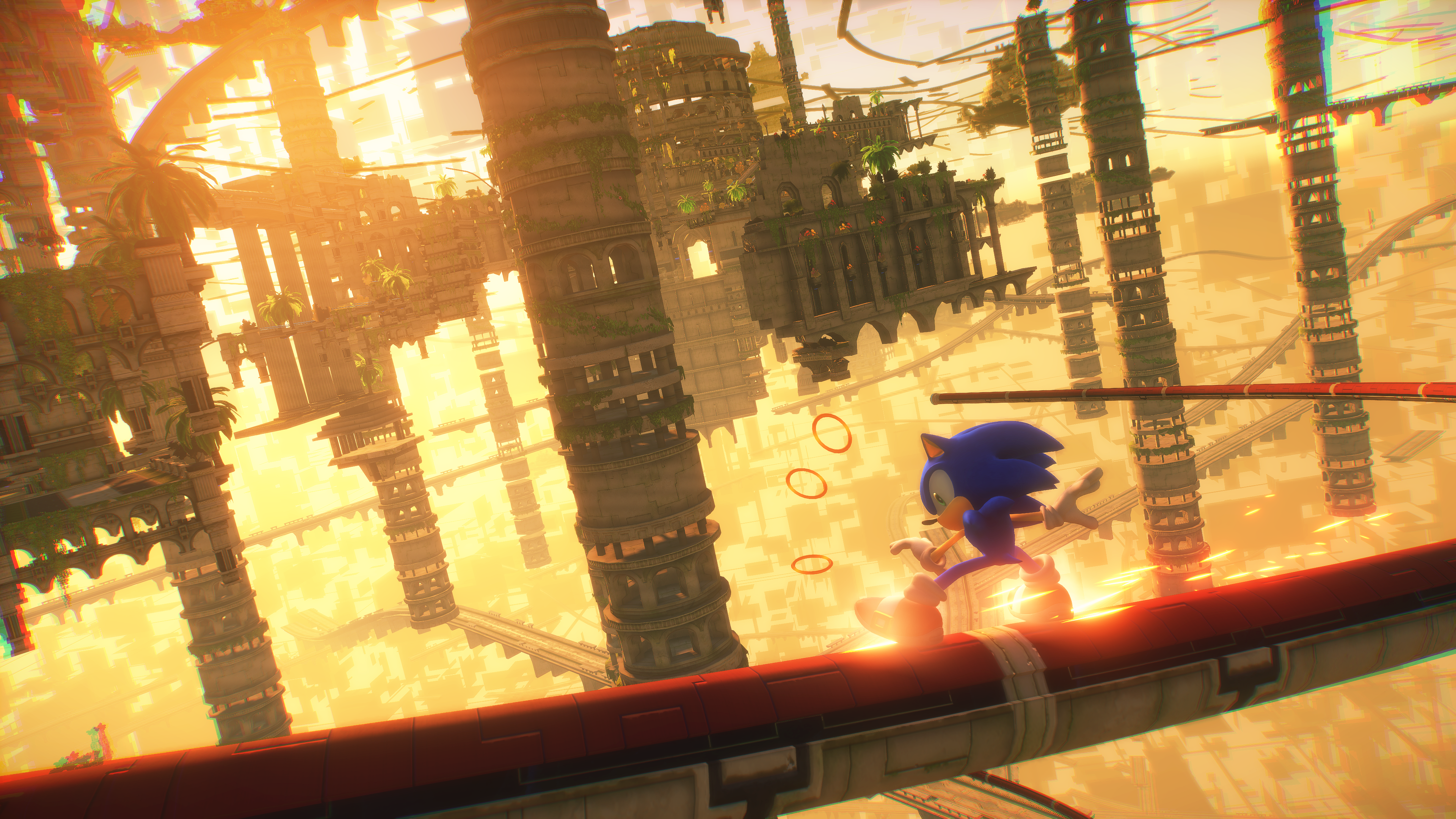 Sonic grinds through a cyberspace version of Sky Sanctuary Zone at sunset via Sonic Frontiers (2022), Sega