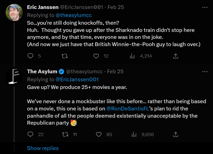 Twitter user Eric Janssen throws shade at The Asylum over 'Attack of the Gator,' and the company trolls him back