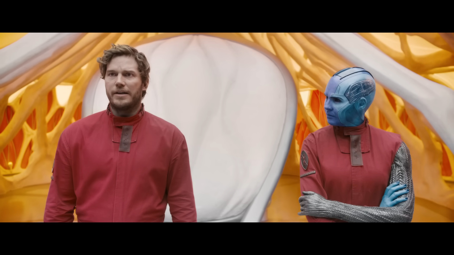 Peter Quill (Chris Pratt) and Nebula (Karen Gillan) exchange some of that signature Marvel humor in Guardians of the Galaxy Vol. 3 (2023), Marvel Entertainment