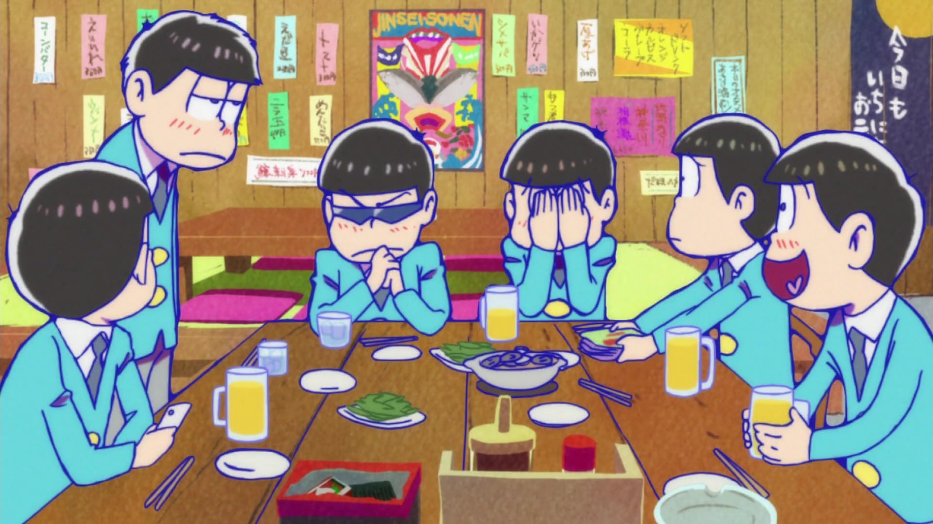 The Matsuno Sextuplets conisider their futures in Mr. Osomatsu Episode 2 "Let's Get a Job" (2015), Pierrot.