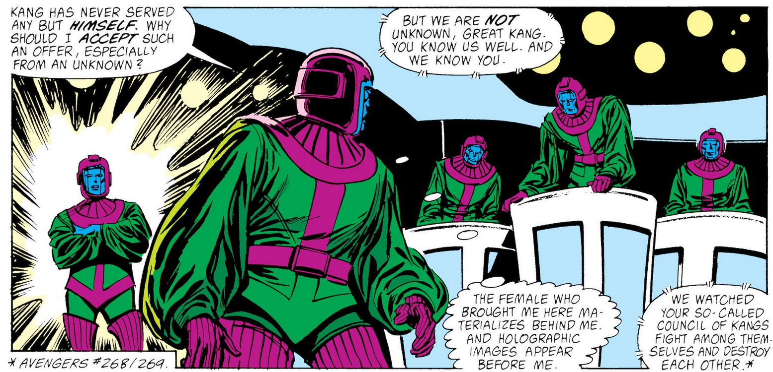 Kang is brought before the three leaders of the Council of Cross-Time Kangs in Avengers Vol. 1 #292 "The Dragon in the Sea!" (1988), Marvel Comics. Words by Walter Simonson, art by John Buscema, Tom Palmer, Max Scheele, and Bill Oakley.