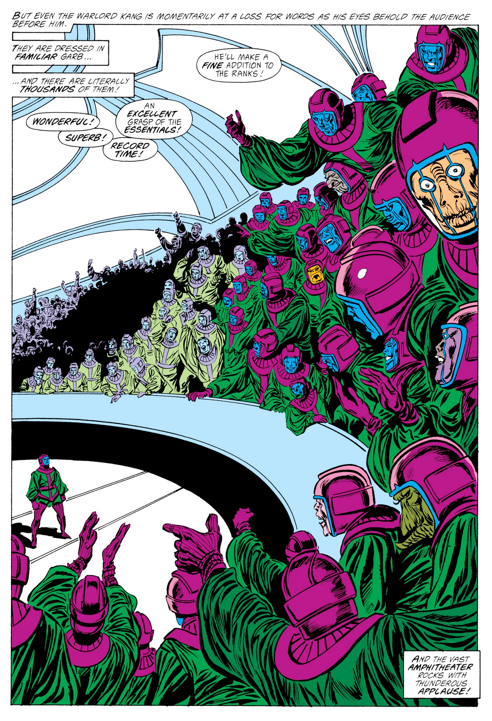 The Council of Cross-Time Kangs makes themselves known in Avengers Vol. 1 #292 "The Dragon in the Sea!" (1988), Marvel Comics. Words by Walter Simonson, art by John Buscema, Tom Palmer, Max Scheele, and Bill Oakley.