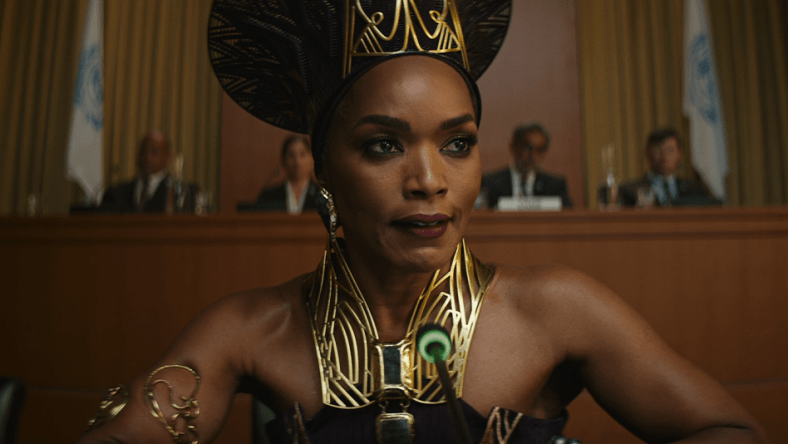 Queen Ramonda (Angela Bassett) prepares to address the United Nations in Black Panther: Wakanda Forever (2022), Marvel Entertainment