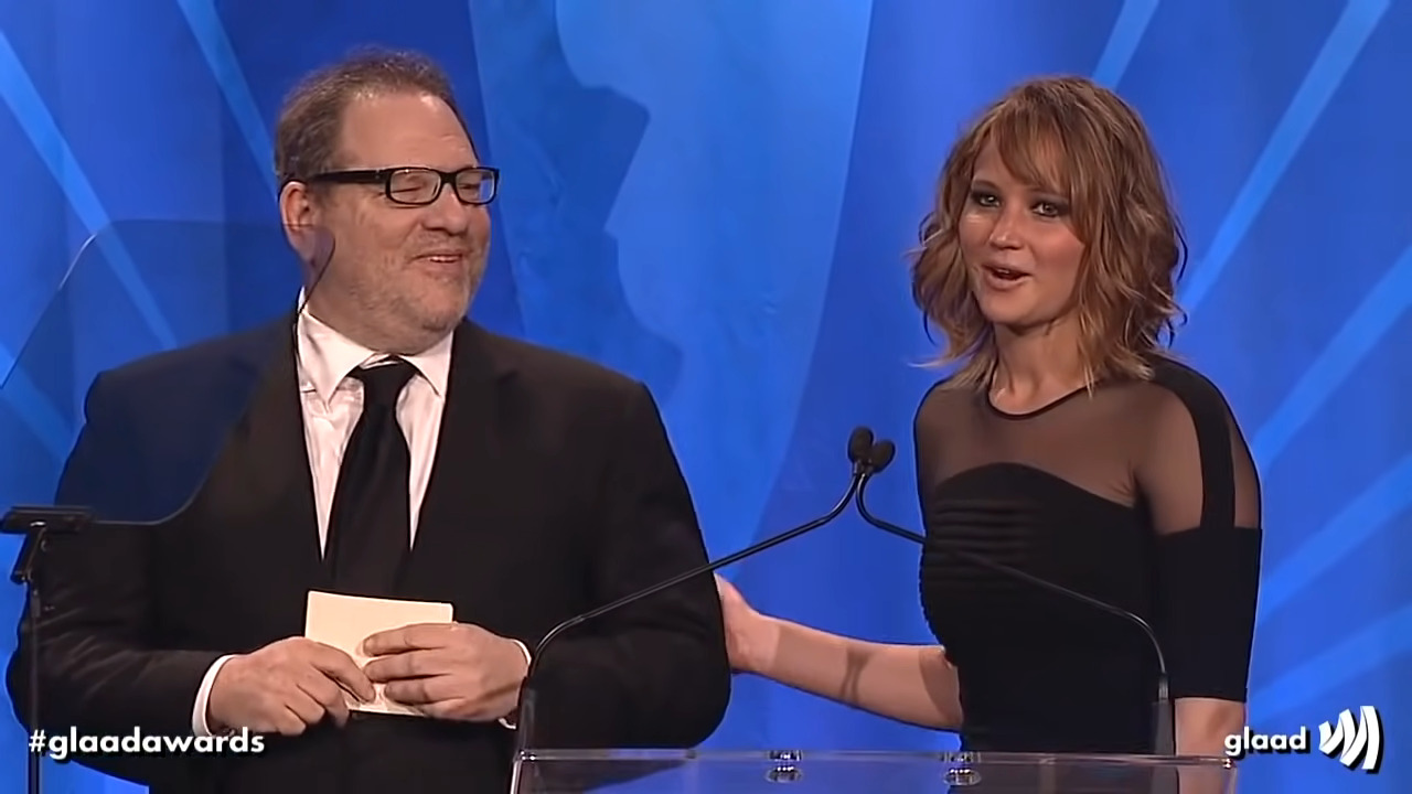 Harvey Weinstein appears alongside Jennifer Lawrence at the 2013 GLAAD Awards
