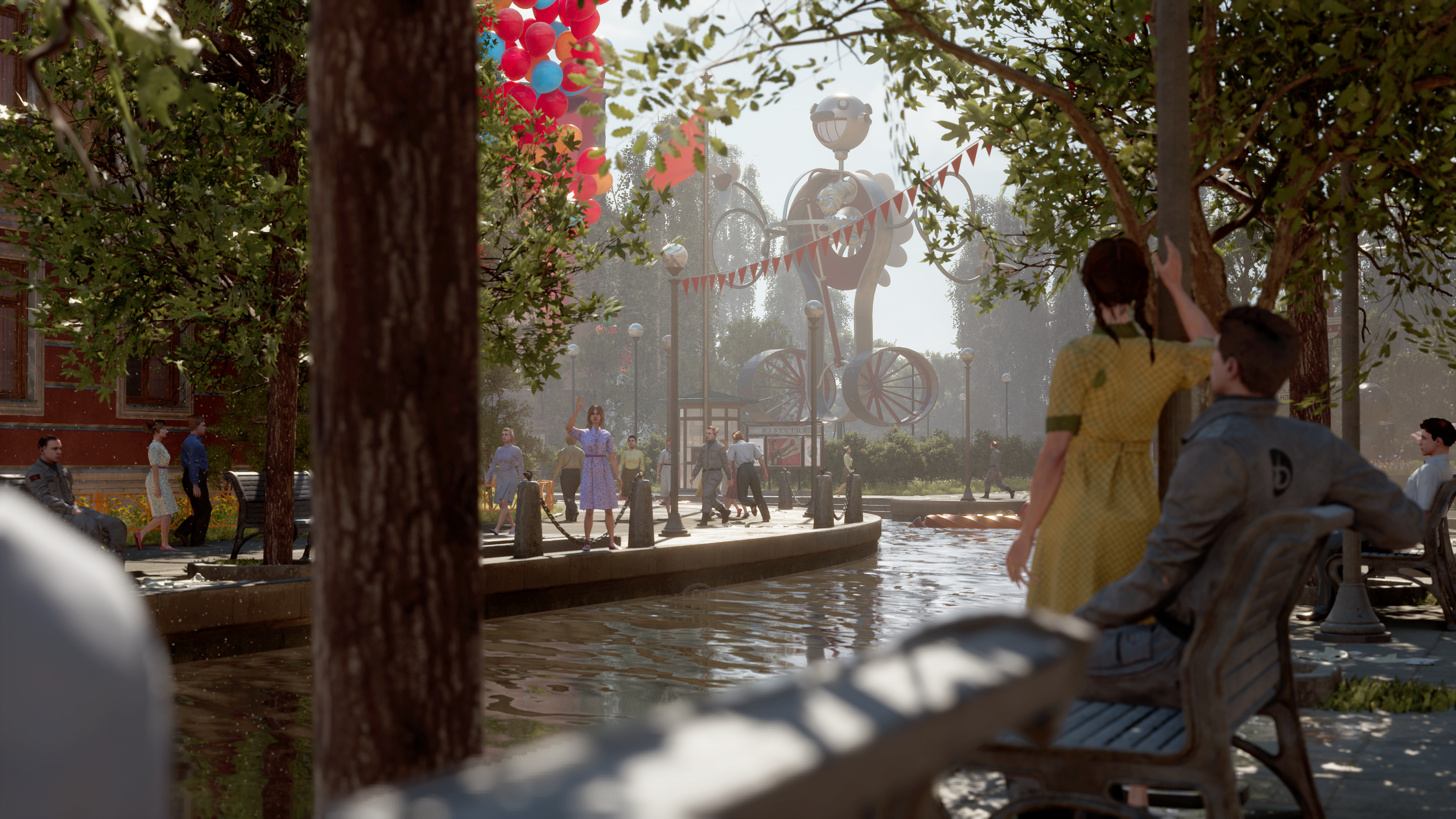 The residents of the Chelomey Complex enjoy festivities by the riverside via Atomic Heart (2023), Focus Entertainment