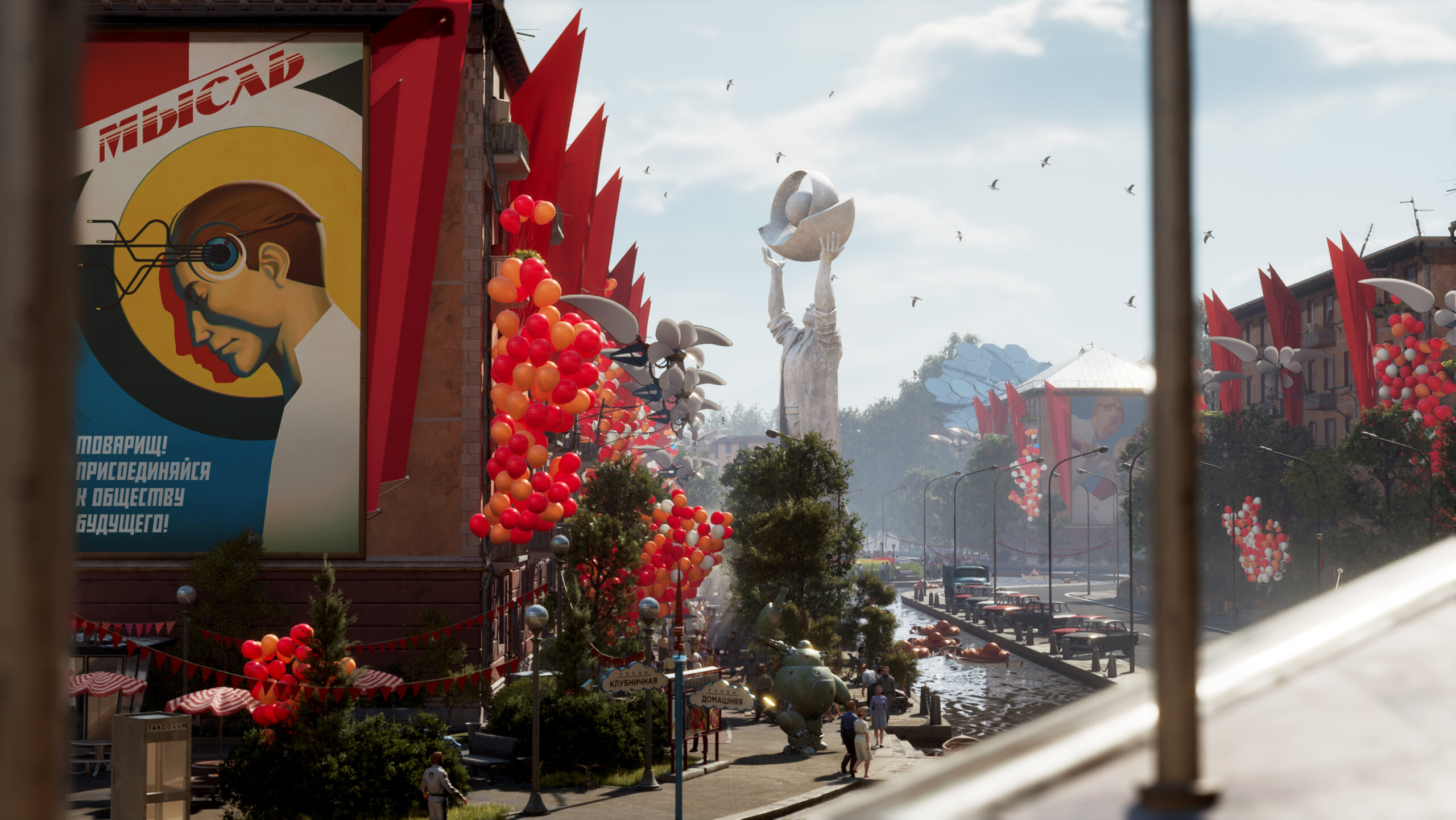 Chelomey Complex celebrates the launch of new technology, with the streets decorated with balloons.  A poster promoting the new THOUGHT device and a statue can also be seen via Atomic Heart (2023), Focus Entertainment