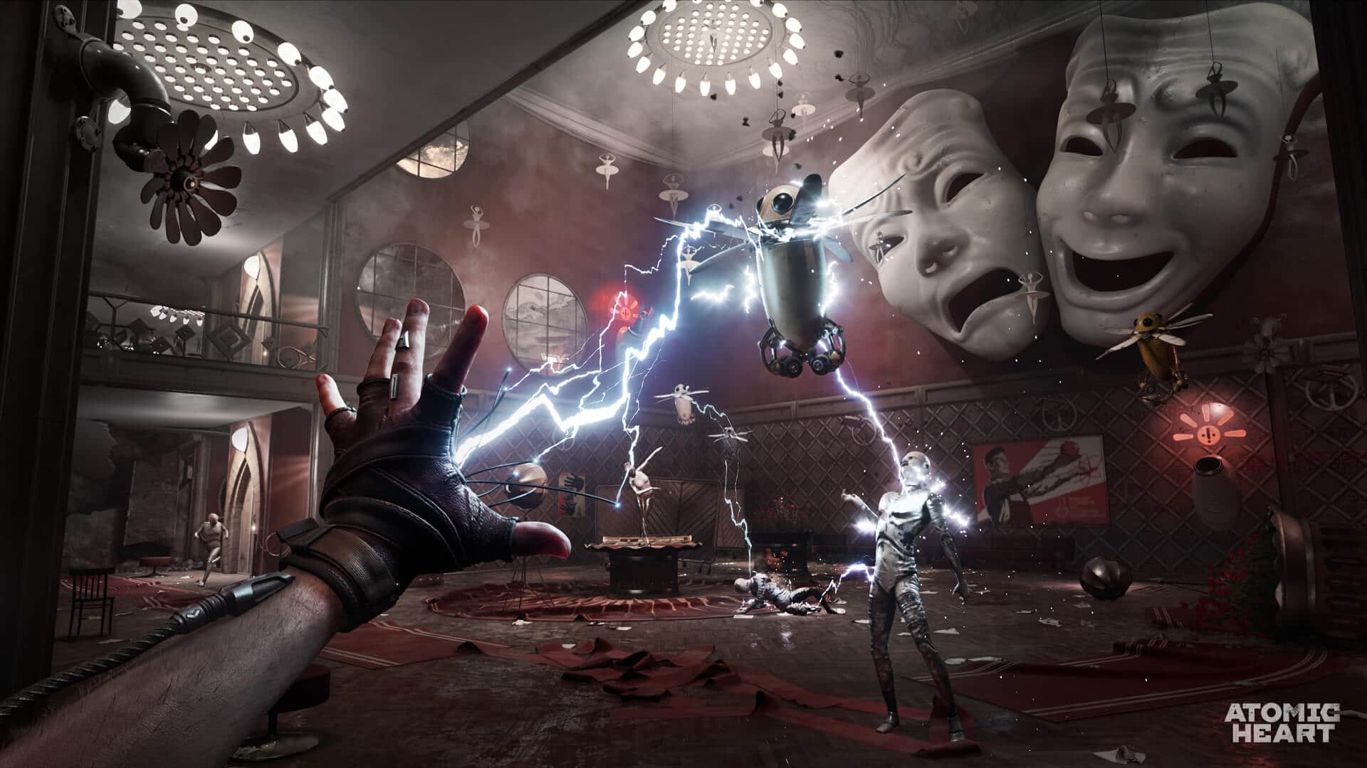 The player uses their "Shok" powers to zap a Pchela, and Lab Tech in the theater via Atomic Heart (2023), Focus Entertainment