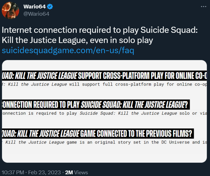 Wario64 highlights part of the Suicide Squad: Kill the Justice League FAQ via Twitter