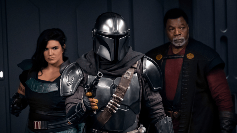 (Left to right) Gina Carano is Cara Dune, Pedro Pascal is the Mandalorian and Carl Weathers is Greef Karga in THE MANDALORIAN, season two, exclusively on Disney+