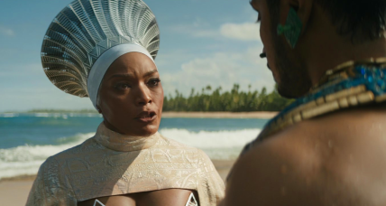 Queen Ramonda (Angela Bassett) defies Namor's (Tenoch Huerta) threats in Black Panther: Wakanda Forever (2022), Marvel Entertainment