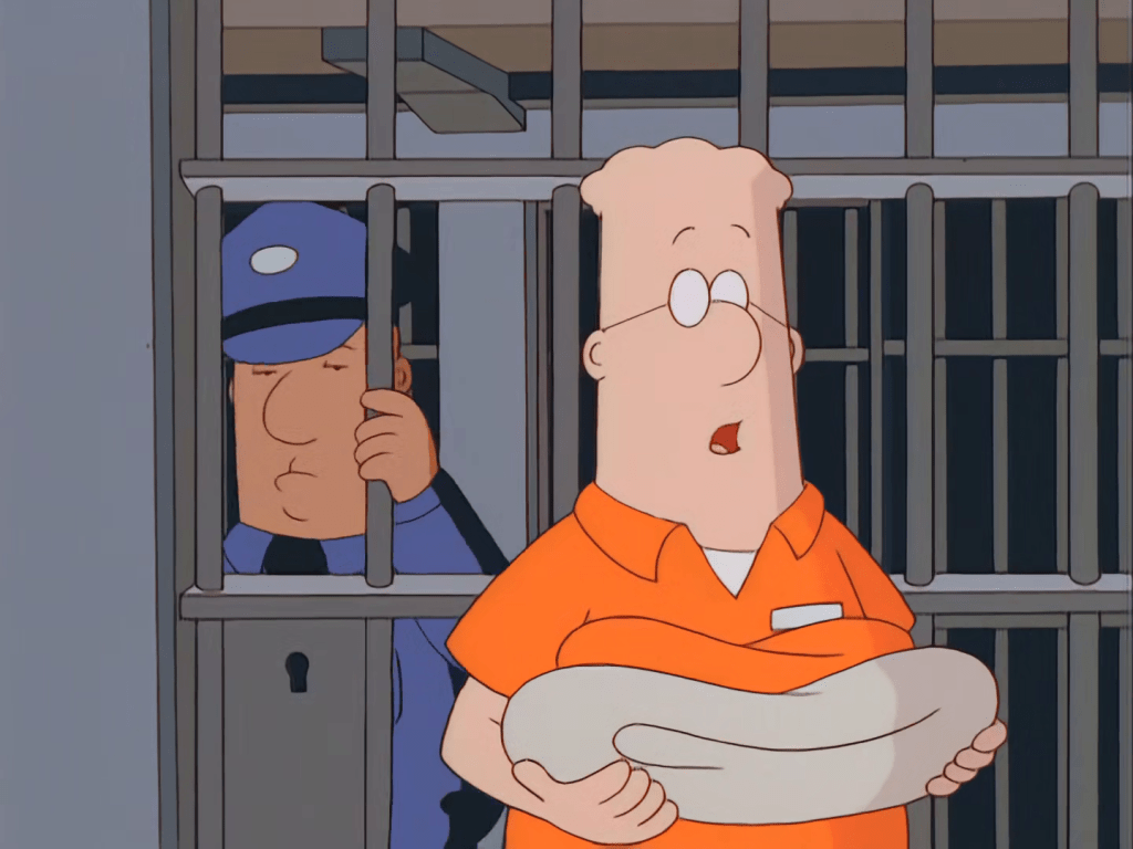Dilbert (Daniel Stern) goes to prison in Dilbert Season 2 Episode 2 "The Trial" (2000), UPN
