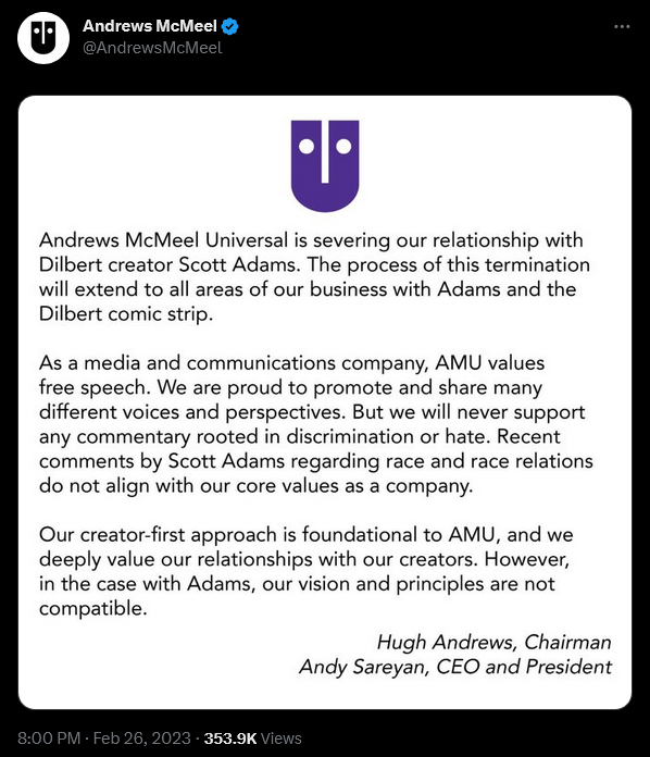 Andrew McMeel Universal ends their working relationship with Scott Adams