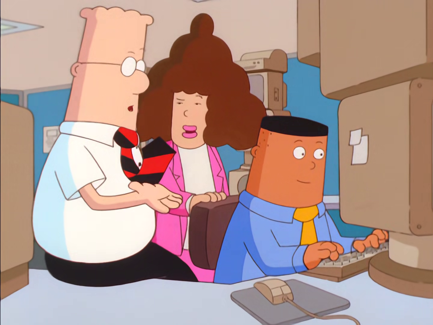 Dilbert (Daniel Stern), Alice (Kathy Griffin), and Asok (Tom Kenny) cook up a scheme to keep the newly-freed up cubicle all to themselves in Dilbert Season 2 Episode 12 "The Virtual Employee" (2000), UPN