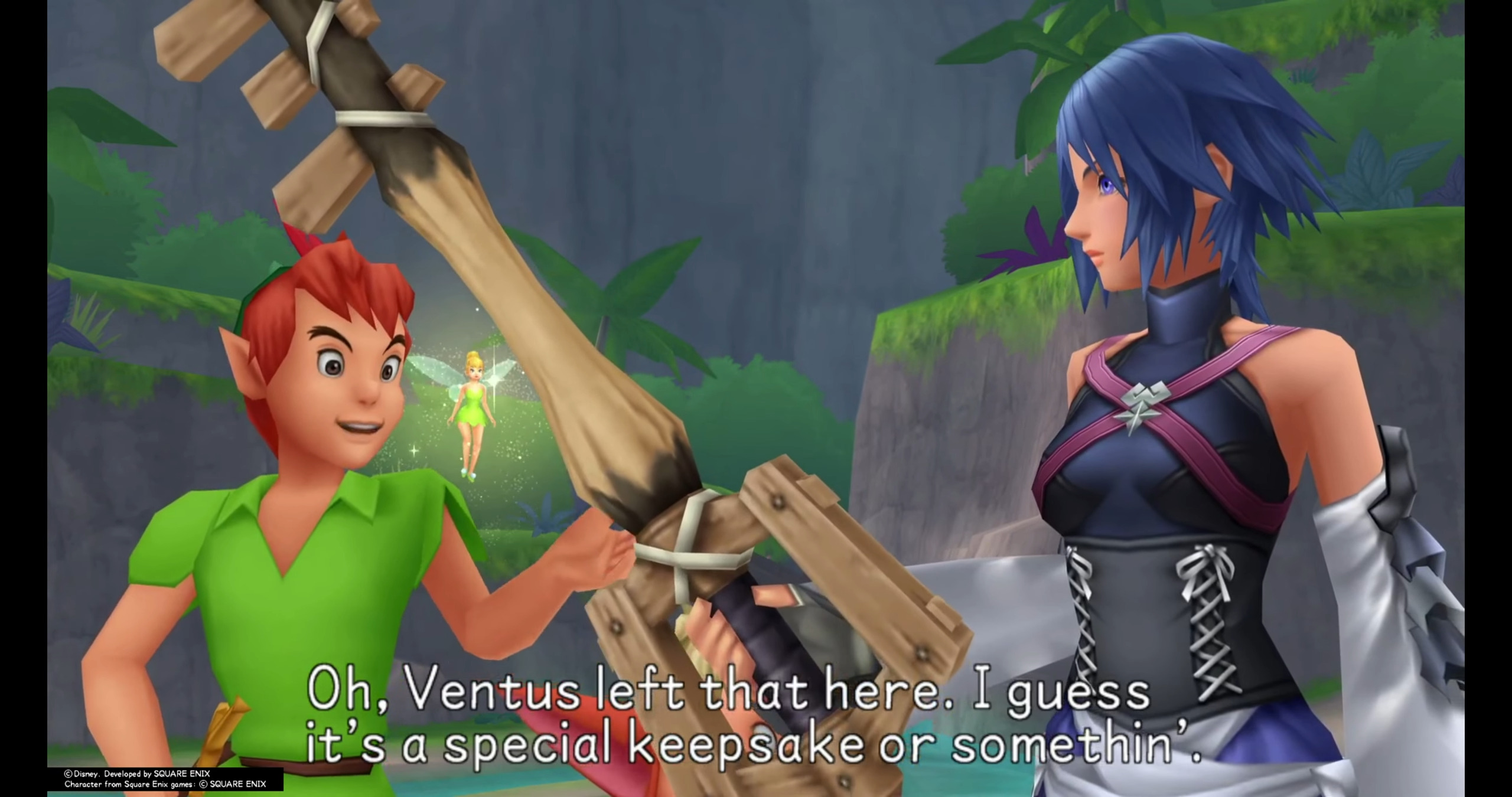 Peter Pan (Christopher Steele) recalls Ventus' visit to Neverland to Aqua (Willa Holland) in Kingdom Hearts Birth by Sleep (2009), Square Enix