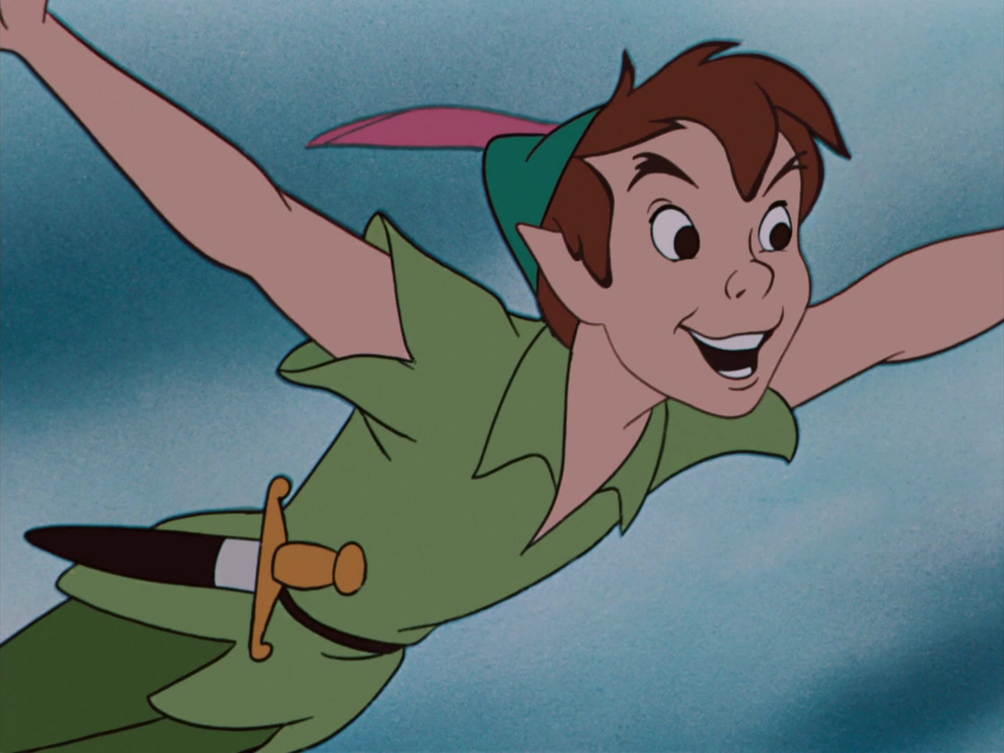 Peter Pan (Bobby Driscoll) takes to the skies above London in Peter Pan (1953), Disney