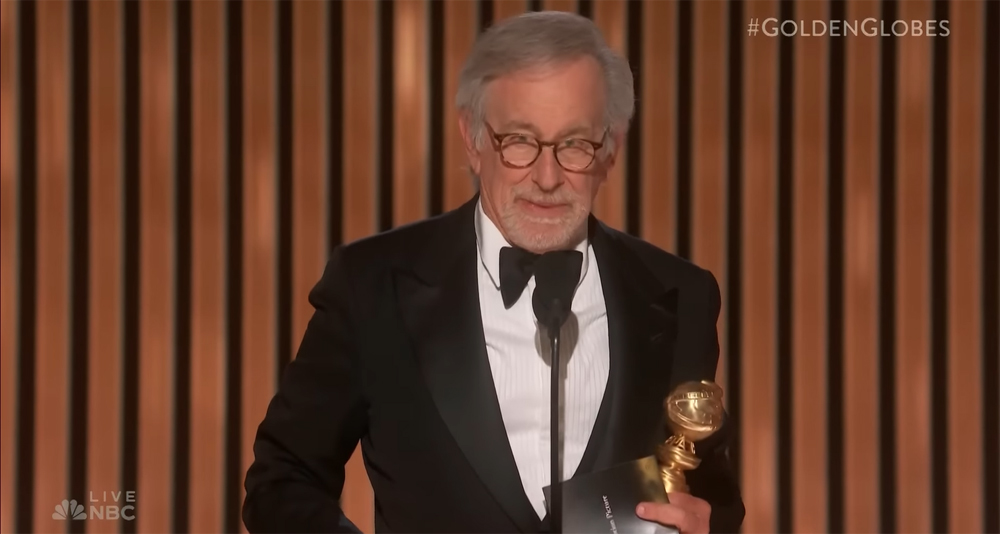 Steven Spielberg with a Best Director of a Motion Picture award at the 2023 Golden Globe Awards on NBC.