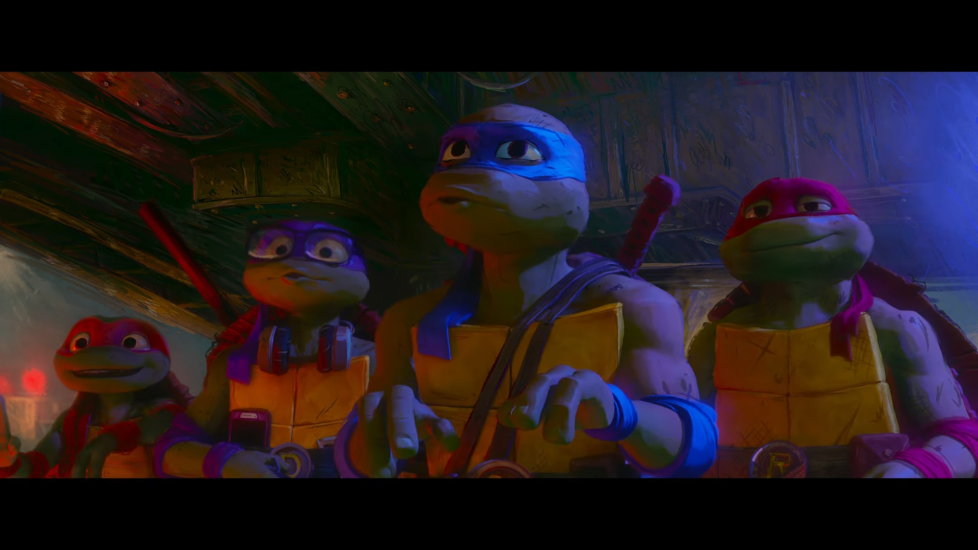 The eponymous team of heroes discusses their preference for the term 'ooze' over 'goo' in the first trailer for Teenage Mutant Ninja Turtles: Mutant Mayhem (2023), Paramount Pictures