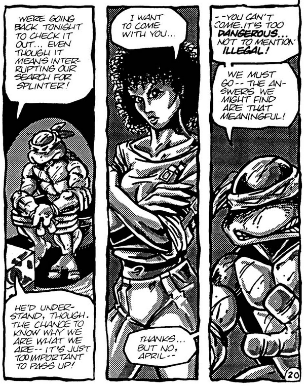 Leonardo attempts to dissuade April O'Neil from joining in the search for their missing father in Teenage Mutant Ninja Turtles Vol. 1 #4 "Rescuing Master Splinter" (1985), Mirage Studios. Words and art by Kevin Eastman and Pete Laird.