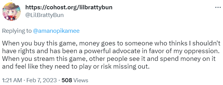 LilBrattyBun insists Pikamee financially supports "oppression" for playing Hogwarts Legacy via Twitter