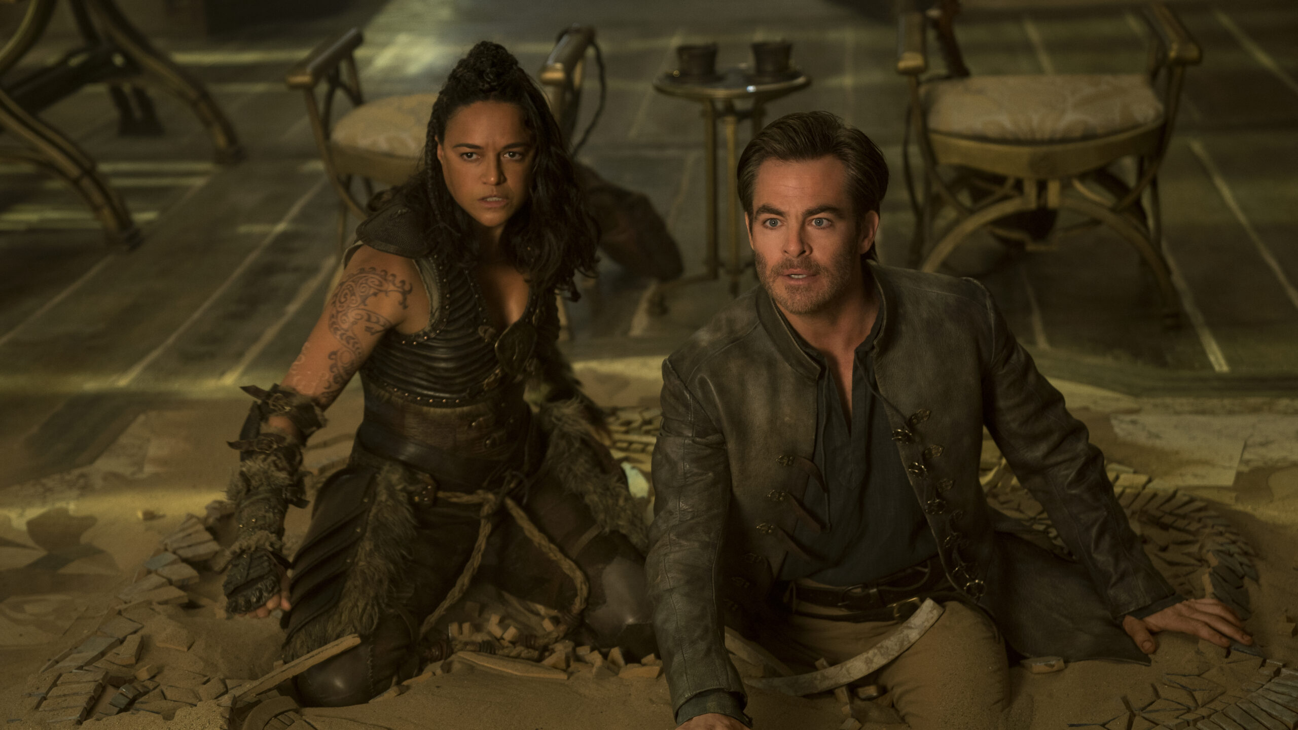 Chris Pine plays Edgin and Michelle Rodriguez plays Holga in Dungeons & Dragons: Honor Among Thieves from Paramount Pictures and eOne.