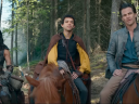 Holga (Michelle Rodriguez), Simon (Justice Smith), and Edgin (Chris Pine encounter an Owl Bear in Dungeons & Dragons: Honor Among Thieves (2023), Paramount Pictures