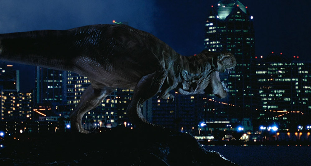 A T-Rex hits the mainland in 'The Lost World: Jurassic Park' (1997), Universal Pictures