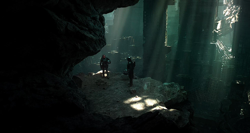 Bo-Katan and Din Djarin in the ruins of Mandalore in 'The Mandalorian' (2023), Disney+