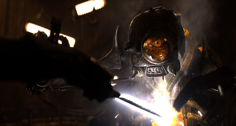 Bo-Katan stabs a cyborg alien with the Darksaber in 'The Mandalorian' (2023), Disney+