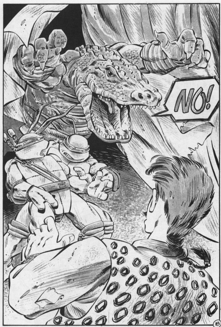 Leatherhead makes his official debut in Tales of the Teenage Mutant Ninja Turtles Vol. 1 #6 "Leatherhead" (1988), Mirage Comics. Words by Ryan Brown, art by Jim Lawson, Ryan Brown, and Steve Lavigne.