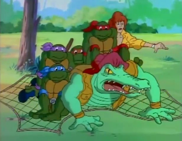 Leatherhead (Jim Cummings) is undone by his own trap in Teenage Mutant Ninja Turtles Episode 30 "Leatherhead: Terror of the Swamp" (1989), Toei Animation