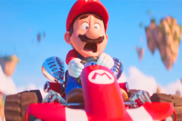 Mario (Chris Pratt) gets air while racing on Rainbow Road in The Super Mario Bros. Movie (2023), Illumination Entertainment