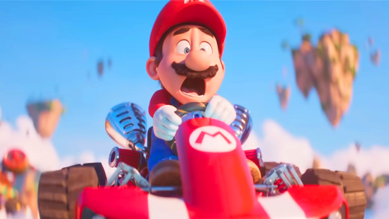 Mario (Chris Pratt) gets air while racing on Rainbow Road in The Super Mario Bros. Movie (2023), Illumination Entertainment