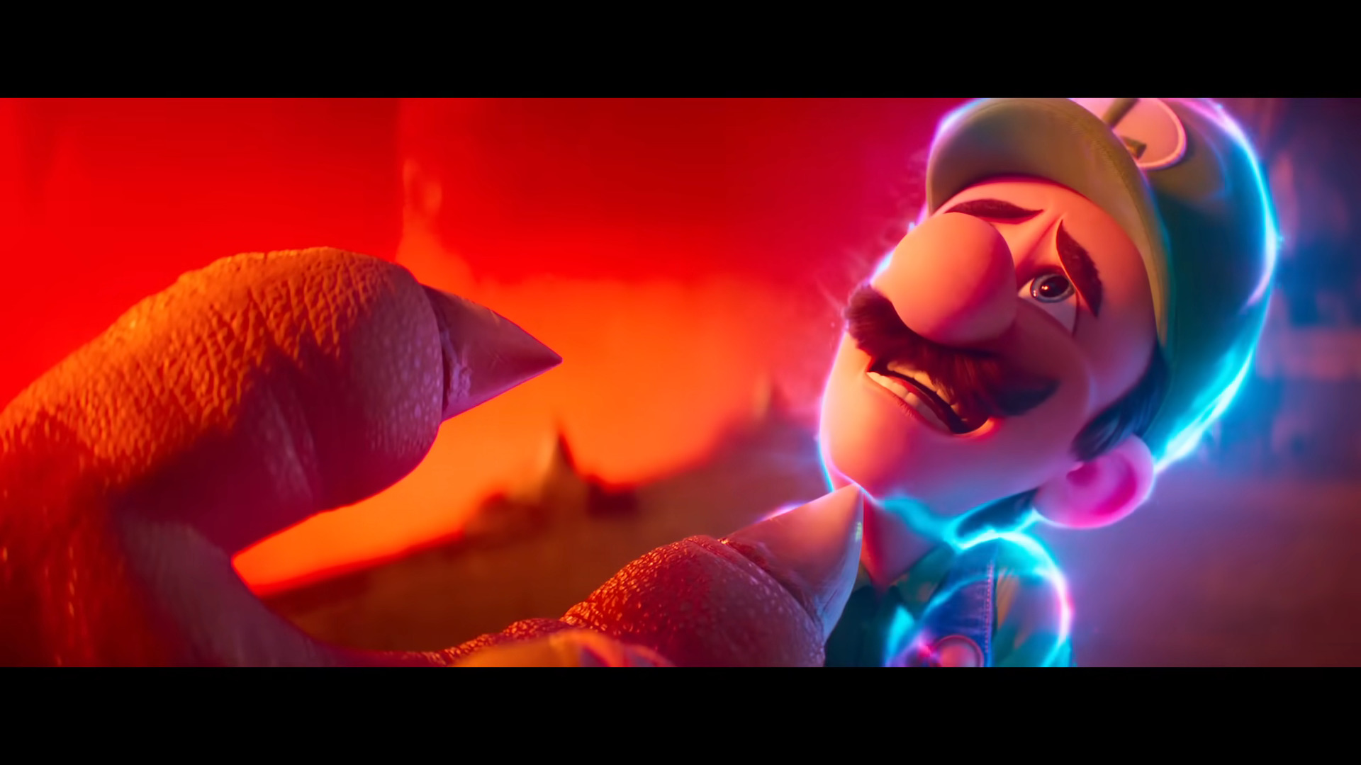 Bowser (Jack Black) threatens Luigi (Charlie Day) in The Super Mario Bros. Movie (2023), Illumination Entertainment