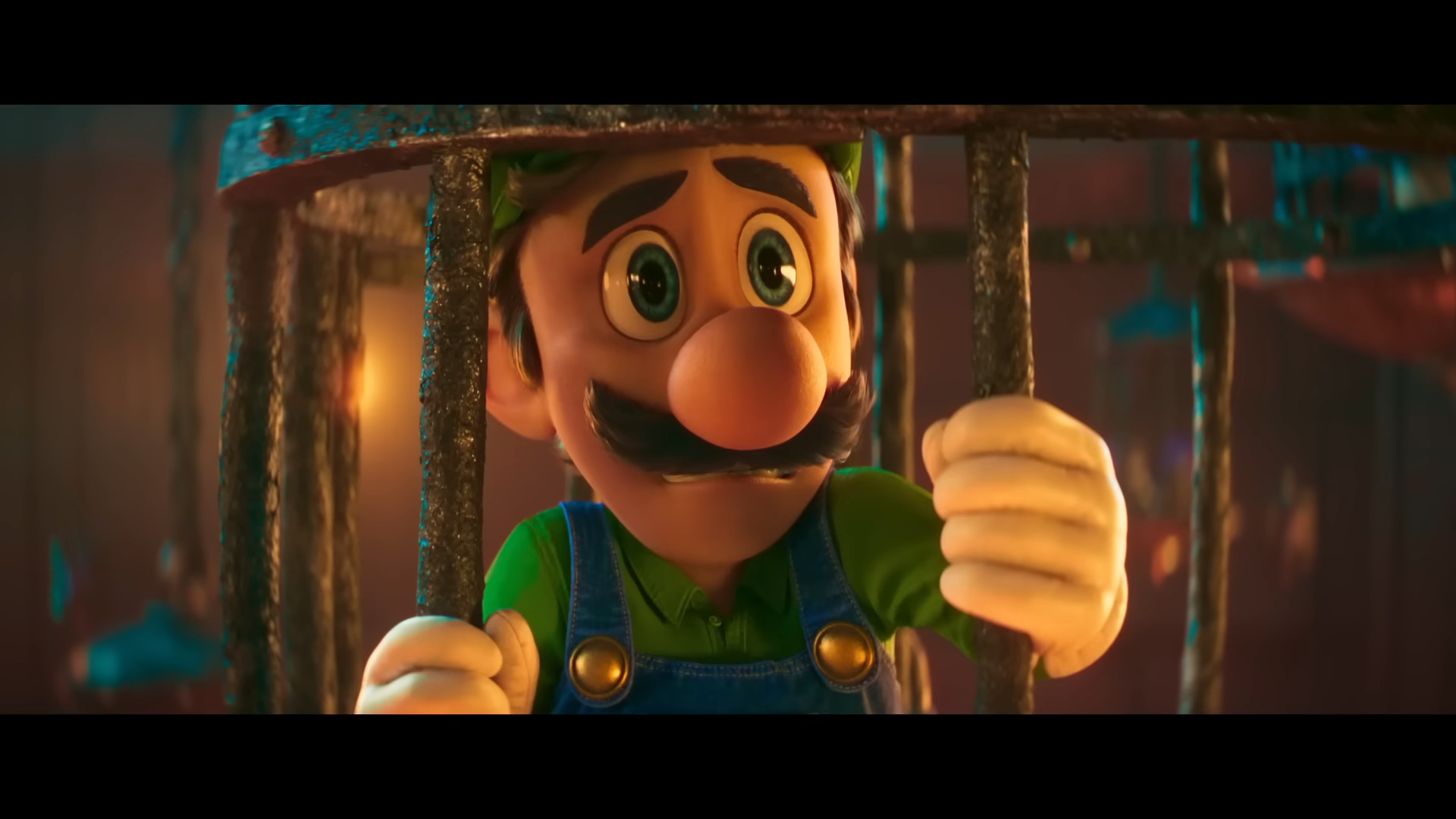 Luigi (Charlie Day) finds himself in captivity in The Super Mario Bros. Movie (2023), Illumination Entertainment