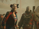 Captain Boomerang, Harley Quinn, Deadshot, and King Shark stare in confusion through dust and debris via Suicide Squad: Kill the Justice League (2023), Warner Bros. Games