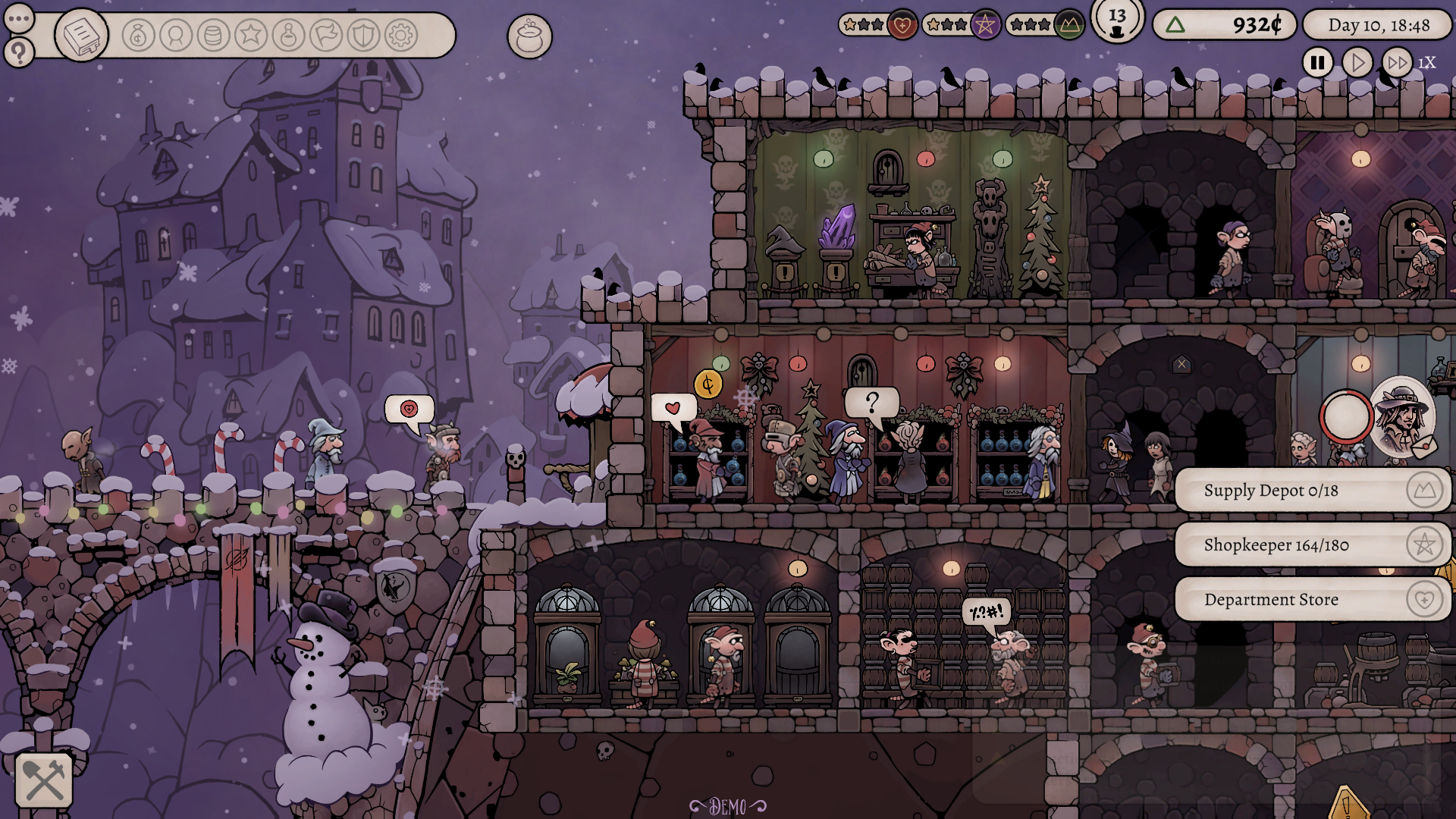 Workers and customers alike still arrive at the shop, despite the snowy weather via Potion Tycoon (2023), Daedalic Entertainment