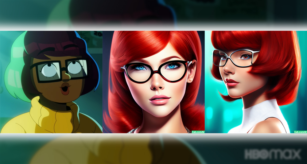 Side-by-side comparison of the new and improved Velma and Gabby-generated images of her.