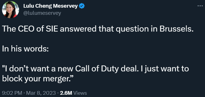 Lulu Cheng Meservey claims Sony Interactive CEO Jim Ryan wants to block the Microsoft-Activision Blizzard merger, rather than a better deal over Call of Duty via Twitter