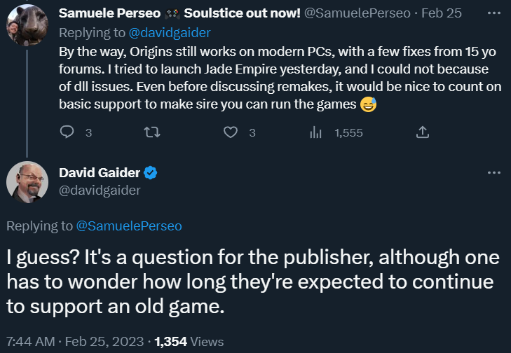 SamuelePerseo and David Gaider discuss publisher support for Dragon Age: Origins via Twitter