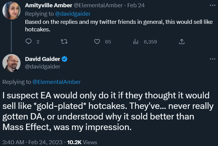 ElementalAmber and David Gaider discuss a potential Dragon Age: Origins remaster and EA's relationship with the series via Twitter