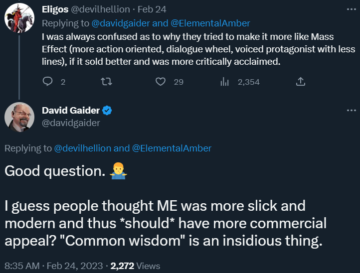 Devilhellion and David Gaider discuss how EA attempted to make the Dragon Age series more like Mass Effect via Twitter